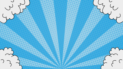 Halftone sunray style blue comic background with clouds on the edge. Suitable for comics, prints, posters, etc.