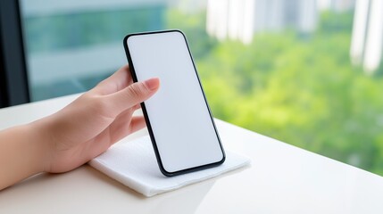 Hand holding smartphone with blank screen near window on white surface
