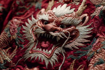 Obraz premium Close Up of Intricate Red Dragon Embroidery on Textile
