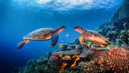 Fototapeta premium sea turtle paradise two majestic sea turtles glide gracefully through a vibrant coral reef surrounded by colorful fish capturing the breathtaking beauty and biodiversity of the underwater world