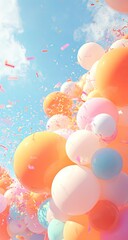 Colorful balloons and confetti against a light blue sky.
