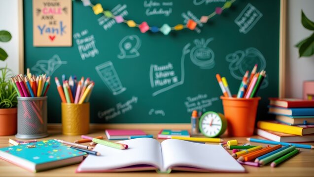 Colorful school supplies arranged on a wooden table.