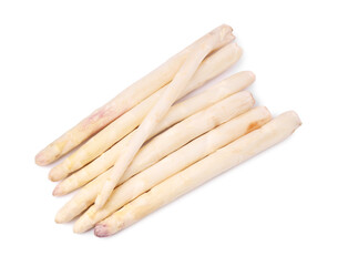 Many raw asparagus spears isolated on white, top view