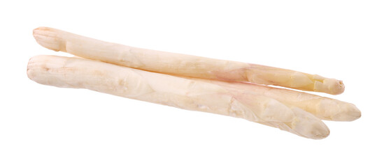 Three raw asparagus spears isolated on white, top view
