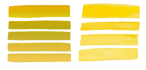 Set of yellow shades watercolor brush strokes isolated on white background