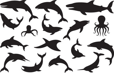 Black silhouette collection of marine animals dolphins and sharks