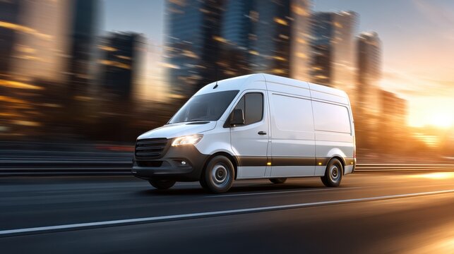 A delivery van speeds along a city highway at sunset, with skyscrapers towering in the background as the golden light reflects off the buildings