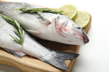 Fresh raw seabass with spices on white table, closeup. Fish and seafood delicacies