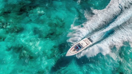 A sleek motorboat cuts through vibrant turquoise waters under a clear sky. The sun reflects off the surface, creating a stunning view of the aquatic landscape