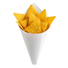 Isolated Food Photo Of Tortilla Chips In White Cone Against Transparent Background