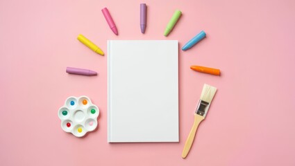 Art Supplies and Sketchbook on Pink Backdrop A Flat Lay Composition of Crayons, Paint Palette, and Brush Surrounding a Blank Sketchbook for Creative Projects