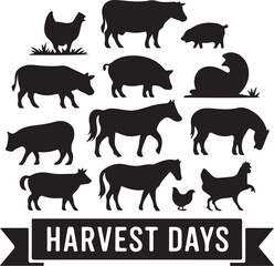 Black silhouette farm animals collection with harvest days text