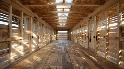 Open interior of a timber building features wooden stalls with natural light illuminating the space through skylights, highlighting craftsmanship and design