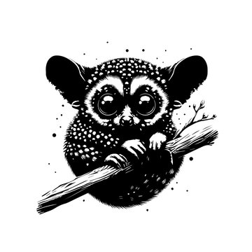 Adorable Black and White Illustration of a Tarsier Clinging to a Branch.