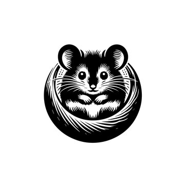 Adorable Black and White Stylized Mouse Peeking Out of Circle.