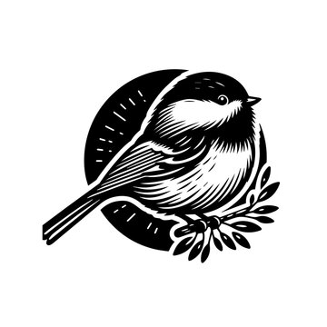 Black and White Linocut Style Bird Perched on Branch with Circular Background.