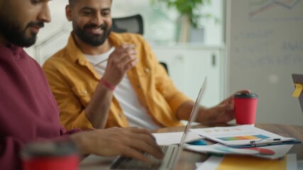 Multi-Ethnic people entrepreneurs of informal business startup in office conference meeting diverse team of specialists. Arabian man leader holding coffee cup talking idea multiracial businesspeople - Powered by Adobe