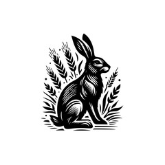 Black Silhouette of a Rabbit Sitting Amidst Wheat Stalks.