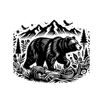 Black and white linocut style illustration of a bear walking through a forest with mountains and birds.