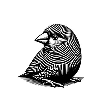 Detailed Black and White Engraving of a Small Bird with Intricate Feather Patterns.