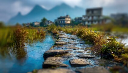 Naklejka premium A stone path winds through a tranquil rural waterway.