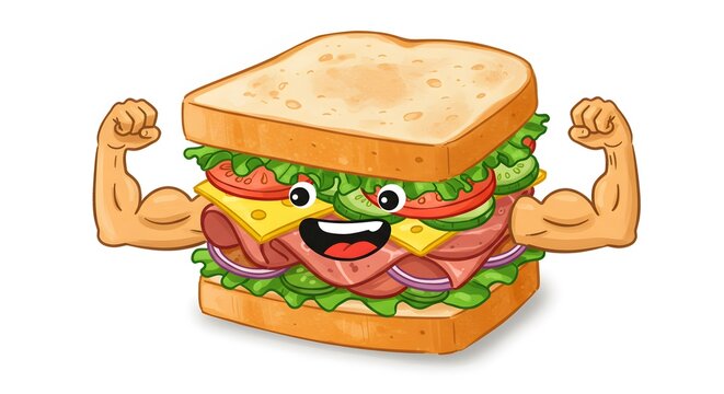 A powerful cartoon sandwich character flexing its strong muscular arms. A fun mascot for healthy eating and energy.