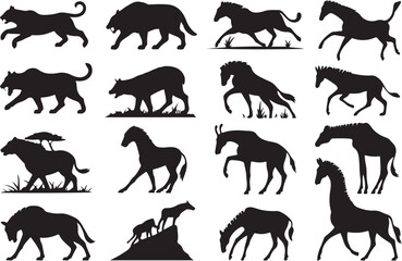 Black silhouettes of wild animals and safari wildlife