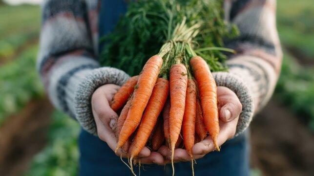 A farmer proudly showcases a bunch of freshly harvested carrots with vibrant orange color. The lush green field provides a beautiful backdrop, reflecting the joy of autumn harvest
