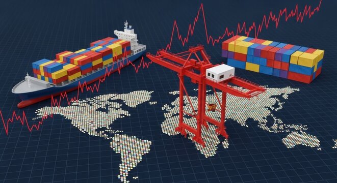 A conceptual image showing global trade with a cargo ship crane containers and a world map