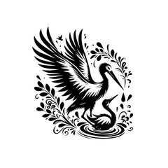 Obraz premium Elegant Black Silhouette of Storks and Water Lilies in a Decorative Design.