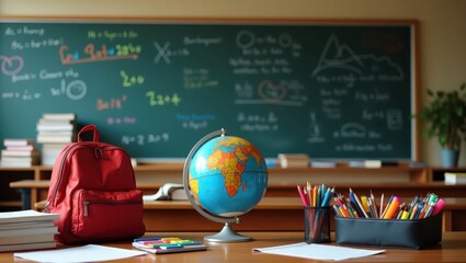 A classroom scene with a globe, backpack, and colorful supplies.