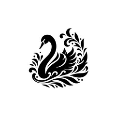 Elegant Black Swan with Ornate Swirling Floral Embellishments.