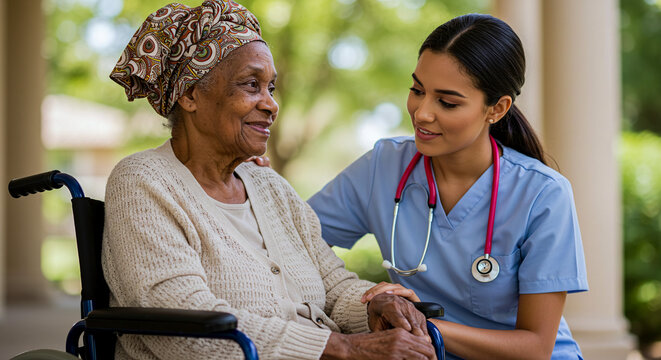 Young female nurse comforting elderly woman in wheelchair outdoors  