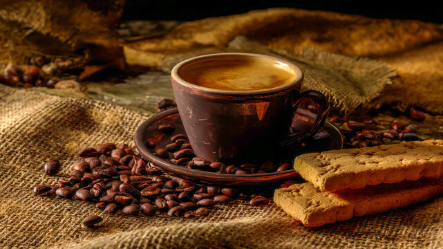Dark ceramic coffee cup filled with espresso sits on a rustic burlap cloth surrounded by roasted coffee beans and crunchy biscuits, creating a cozy coffee moment