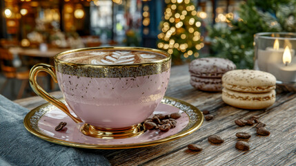Fototapeta premium Elegant pink coffee cup with golden rim sits on wooden table, surrounded by macarons and coffee beans, creating a cozy atmosphere in a festive cafe setting