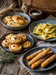 A rustic display of assorted appetizers including ravioli empanadas and mozzarella sticks on plates