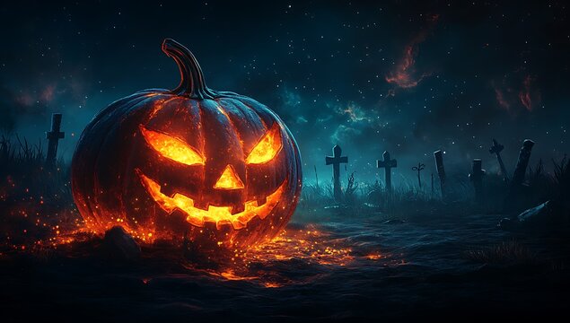 Glowing Jack O Lantern in a Spooky Graveyard at Night halloween pumpkin