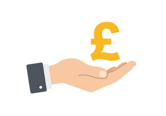 A hand holding a gold pound sterling symbol against a plain white background image view