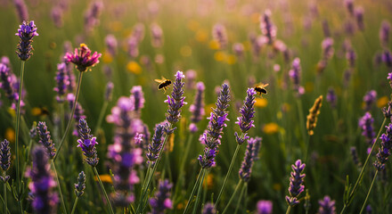 Lavender flowers and bees pollinating in vibrant summer meadow  