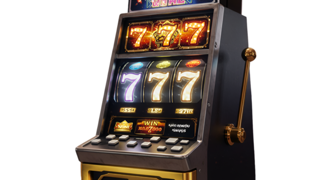 Isolated Casino Slot Machine Digital Render in Gold and Neon Lights