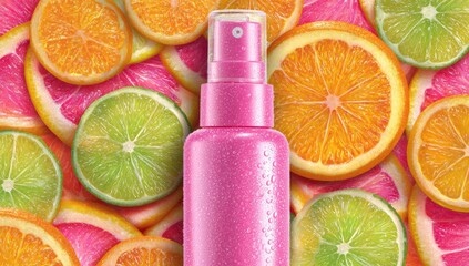 Pink spray bottle surrounded by citrus fruit slices.