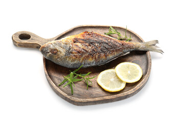 Tasty roasted dorado fish and spices isolated on white. Homemade seafood dish