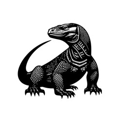 Intricate Black and White Illustration of a Komodo Dragon.