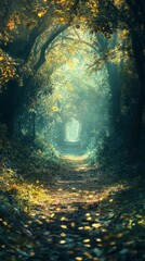 Walking on Forest Path with Sunlight Shining Through Trees