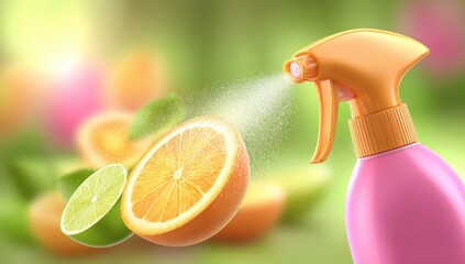 Citrus fruit and spray bottle with a light mist.