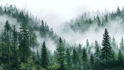 Fototapeta premium Misty mountain forest landscape. Lush green trees, fog-shrouded peaks