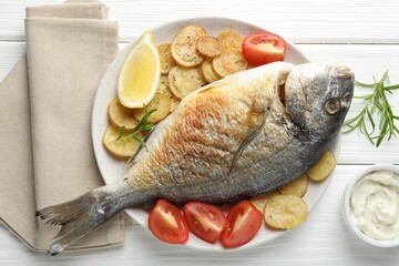 Tasty roasted dorado fish served with vegetables and sauce on white wooden table, flat lay. Homemade seafood dish
