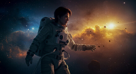 Female astronaut exploring cosmic space with nebula background  