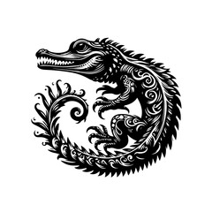 Intricate Black and White Stylized Alligator with Swirling Tail Design.