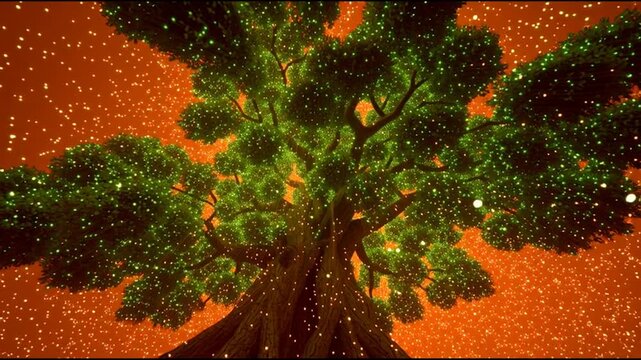 A giant lush tree glowing image composed of green glowing dots drone on orange background, abstract art, hero perspective looking up, detailed HD 16K 91_51 --motion low 1_4K_10s